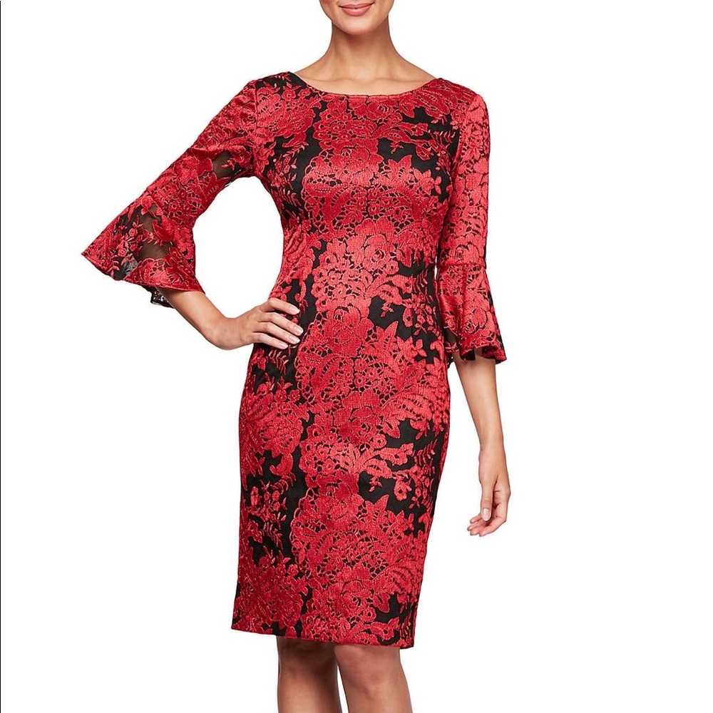 Alex Evenings 3/4 Sleeve Illusion Bell Sleeve
Embroidered Shift Dress